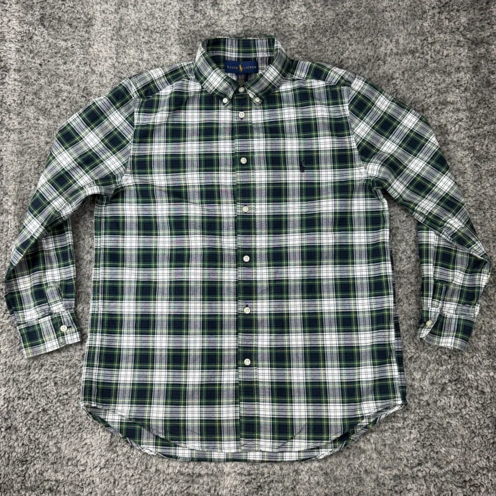 Ralph Lauren Plaid Button Down Shirt Kids Youth XL 18-20 Green Blue‎ Long Sleeve